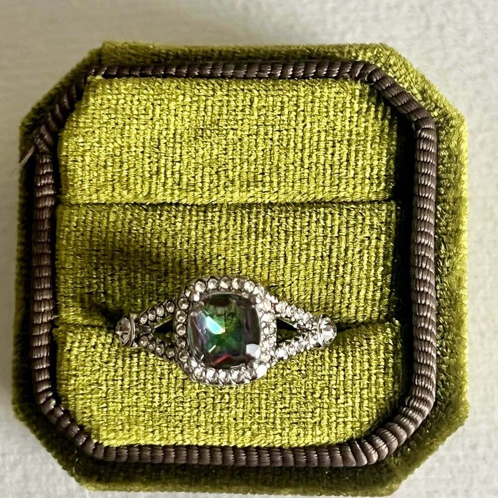 Mystic Fire Topaz Ring Silver Halo Cushion Cut CZ Accents Size 8